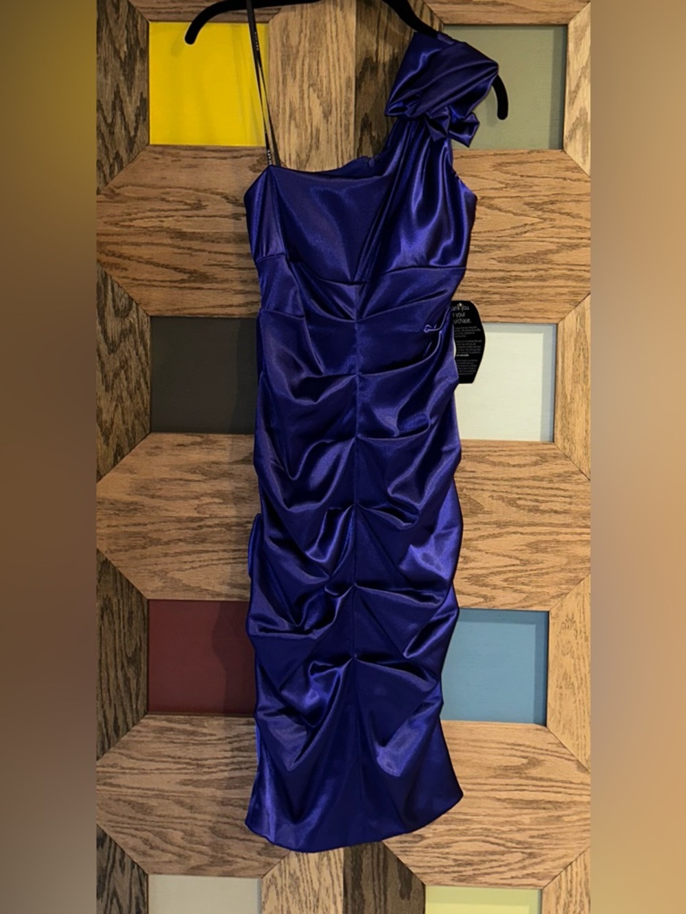 NWT Xscape Cocktail Dress Royal Blue/Purple Ruched One Shoulder Satin Mini Sz 6 - Picture 2 of 12